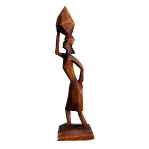 Hand Carved Wood African Woman Figurine Carrying Water Jug Wood Sculpture 10.75”